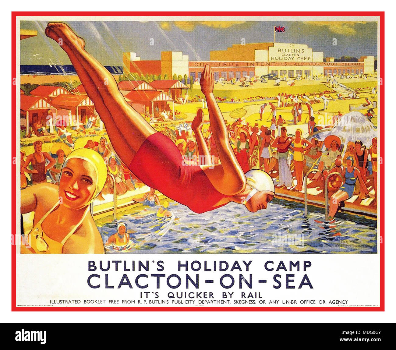 Vintage anni quaranta holiday 'più veloce per ferrovia' poster Butlin Holiday Camp Clacton-on-Sea Regno Unito da J. Greenup 1940 REGNO UNITO Foto Stock