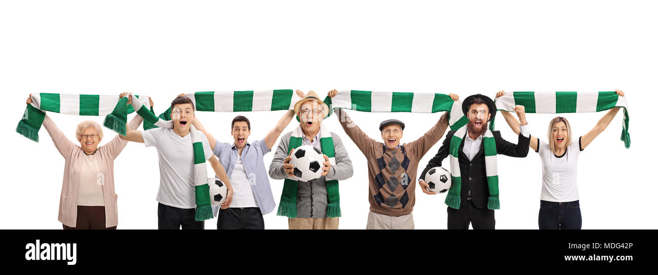 Entusiasti appassionati di calcio con sciarpe e palloni da calcio isolati su sfondo bianco Foto Stock