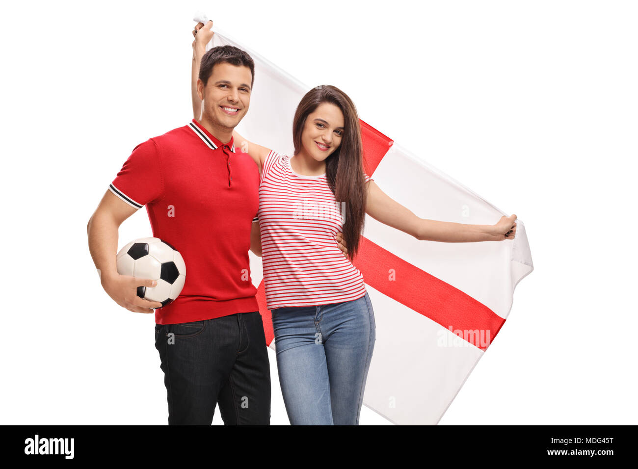 Gli appassionati di calcio con una bandiera inglese isolato su sfondo bianco Foto Stock