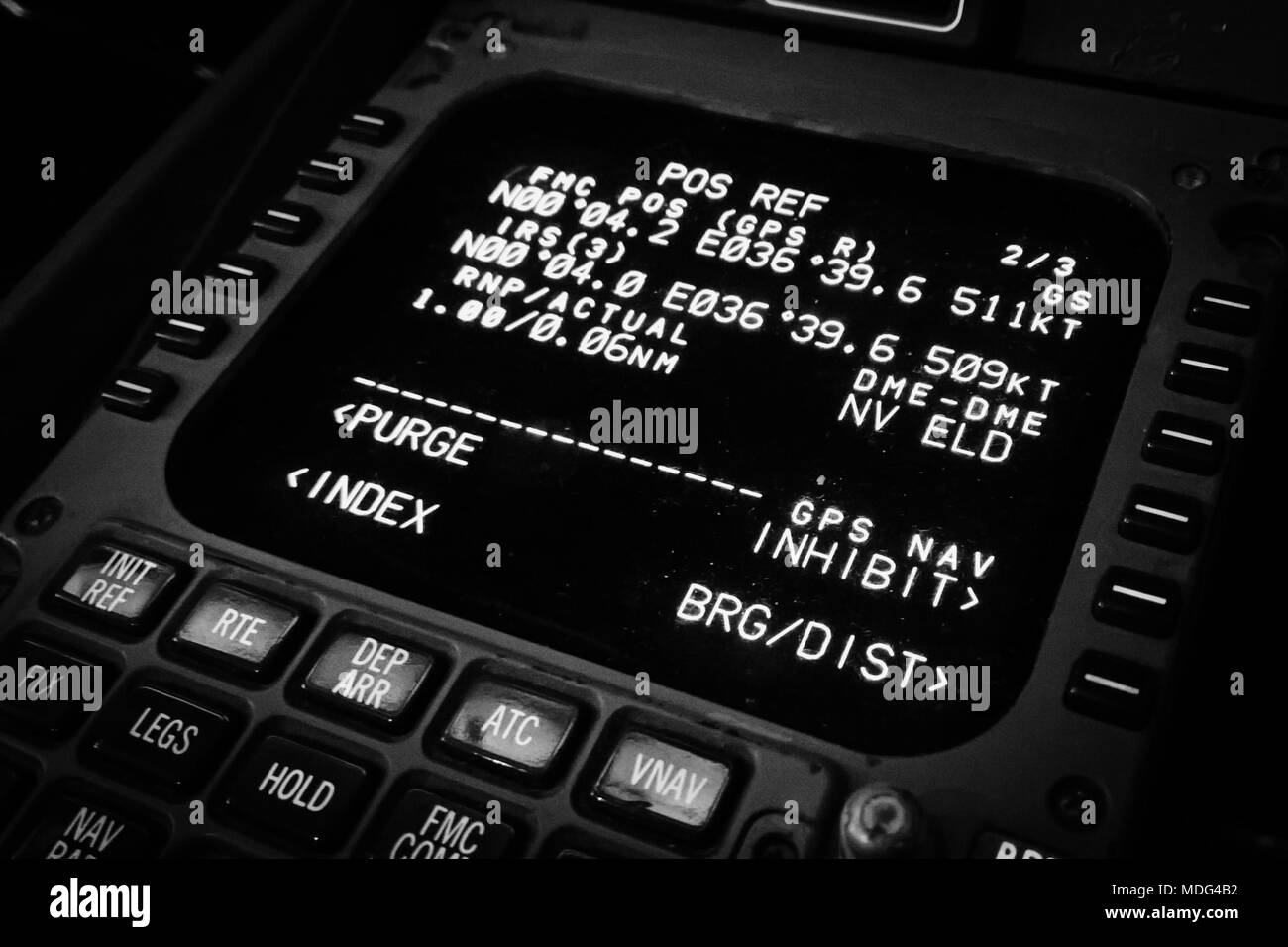 Attraversare l'Equatore su un Boeing 747-400 overhead Africa, visualizzato sulla CDU del FMC / FMS Foto Stock