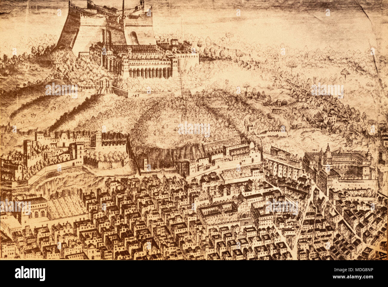 Napoli vista da Stopendael 1653 - Incisione su rame - al di sopra di Castel Sant'Elmo e sotto i Quartieri Spagnoli e ulteriormente verso il basso il dock Foto Stock