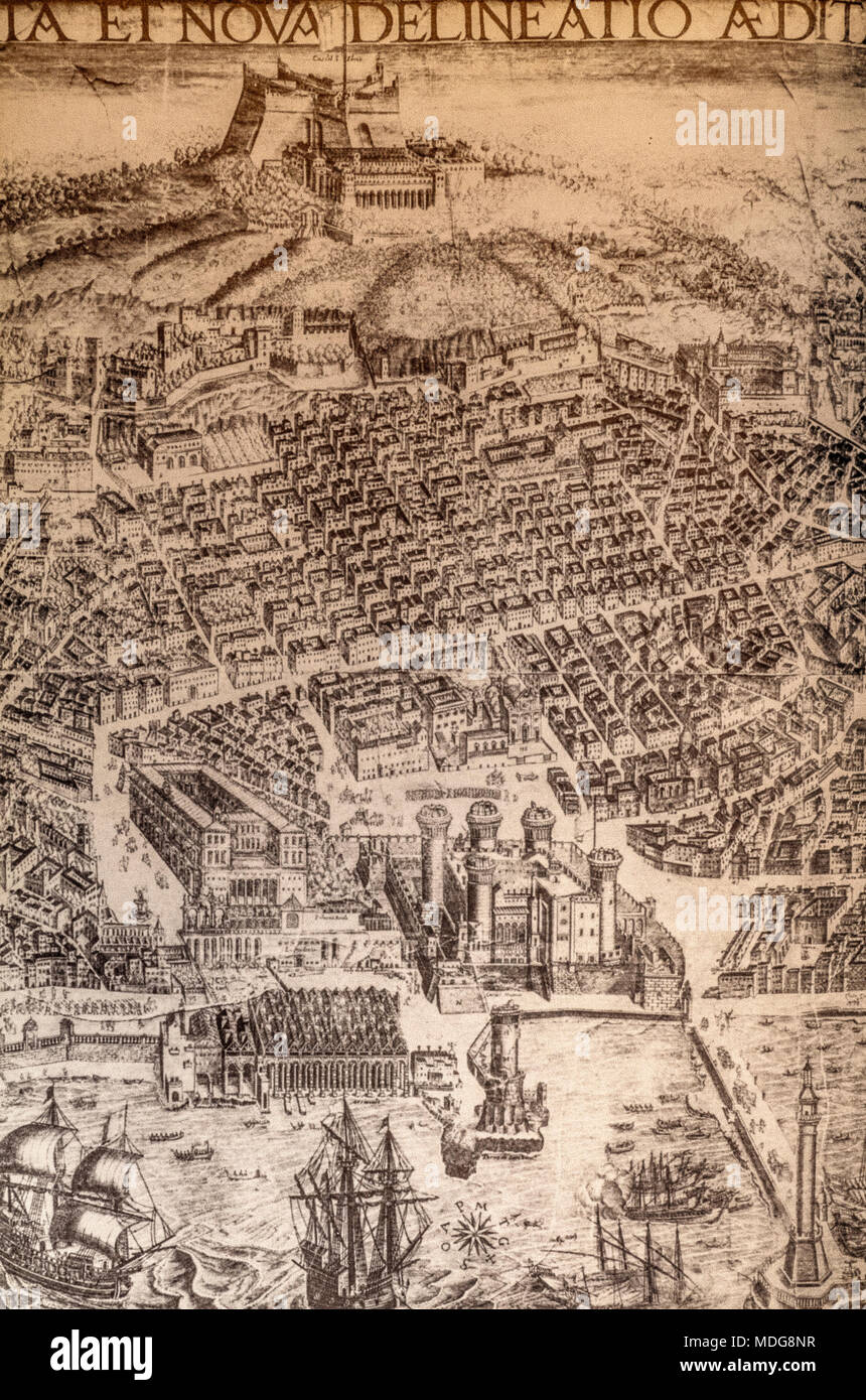 Napoli vista da Stopendael 1653 - Incisione su rame - al di sopra di Castel Sant'Elmo e sotto i Quartieri Spagnoli e ulteriormente verso il basso il dock Foto Stock