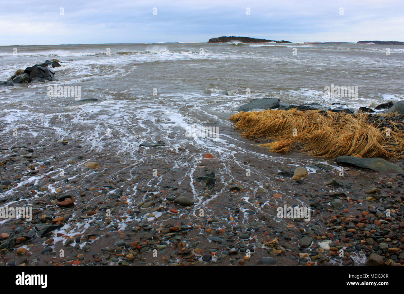 Azione di onda a spiaggia dei pescatori, Lower East Chezzetcook, Nova Scotia, Canada. Foto Stock