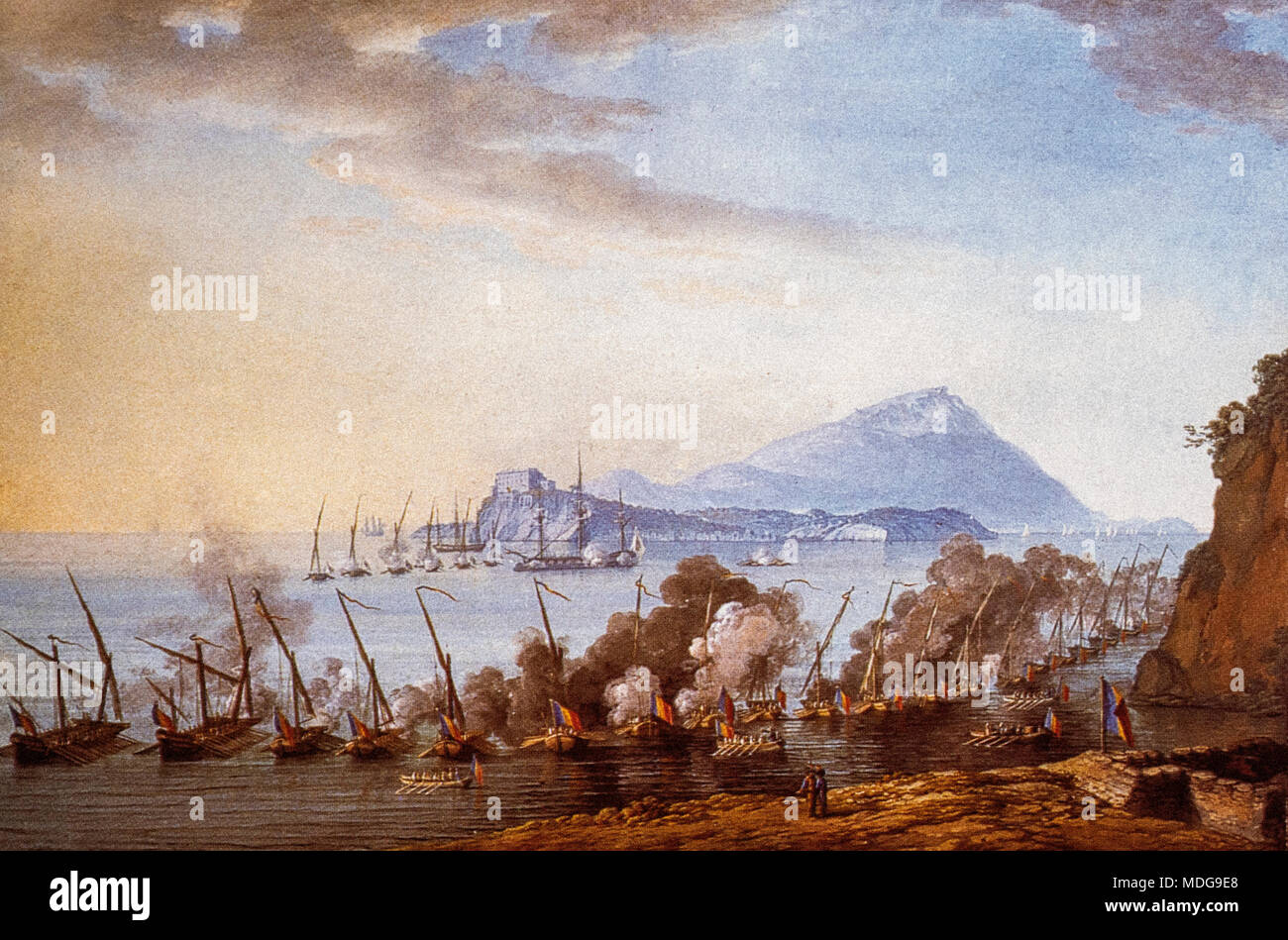 Napoli Revvolution 1799 - Saverio della Gatta - Battaglia tra Angloborboniche e repubblicano le navi nel canale di Procida Foto Stock