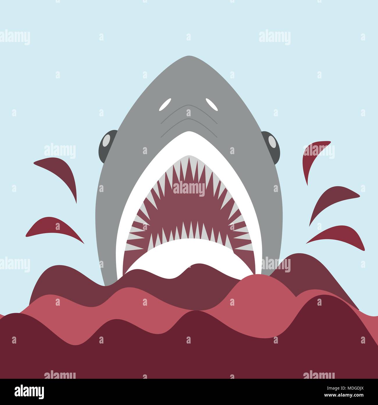 Bloody shark con bocca aperta. Sul rosso onde - Vettore nel piatto in stile cartone animato Illustrazione Vettoriale