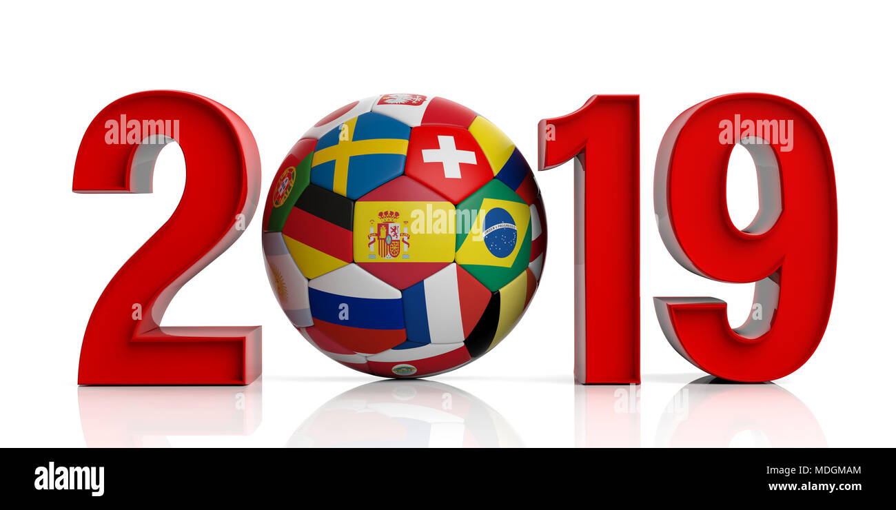 Nuovo anno 2019 con bandiere del mondo calcio palla isolati su sfondo bianco. 3d illustrazione Foto Stock