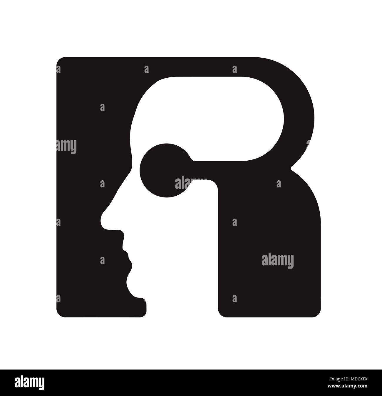 R r Logo logotipo - font inglese lettera maiuscola - il volto umano del robot cyborg, per computer, tema scienza etc, in stile retrò. Foto Stock