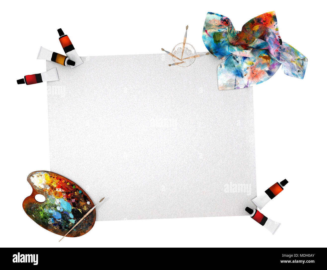 Bianco vuoto carta da poster con spazio per mock up su sfondo bianco con tavolozza di colori, il pennello e i colori di vernice, rendering 3D Foto Stock