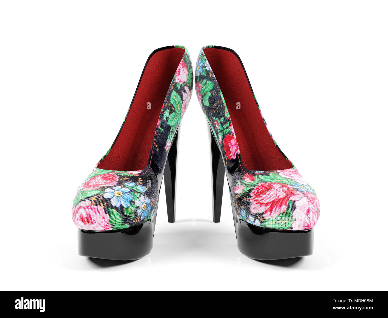 Femmina con tacco alto scarpe con pattern di fiori isolati su sfondo  bianco, vista frontale Foto stock - Alamy