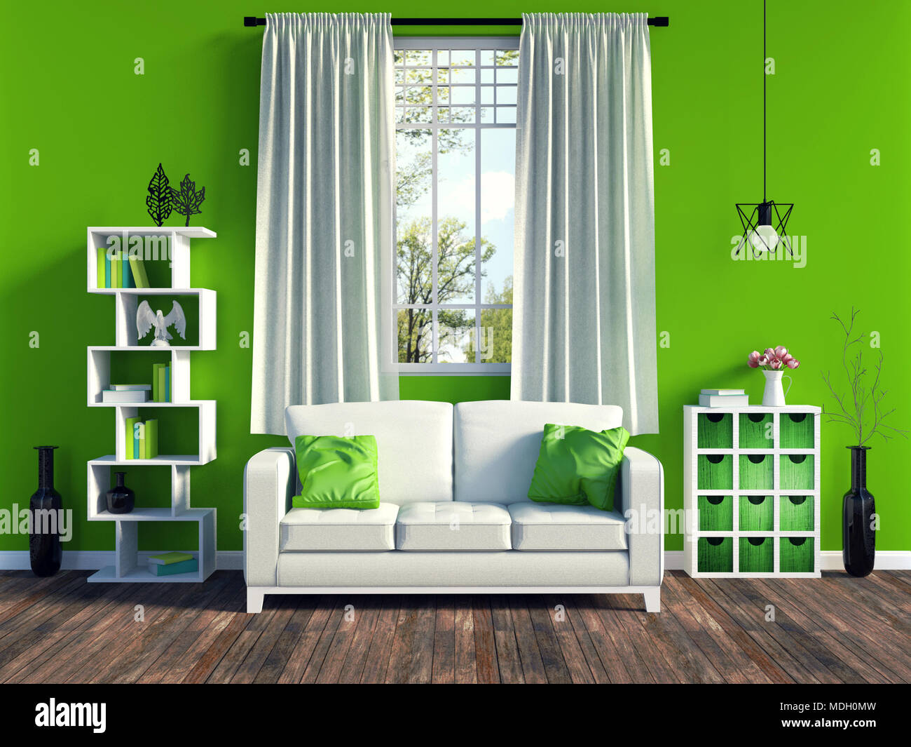 Verde moderno salotto interno con divano bianco e mobili e vecchi pavimenti in legno, rendering 3D Foto Stock