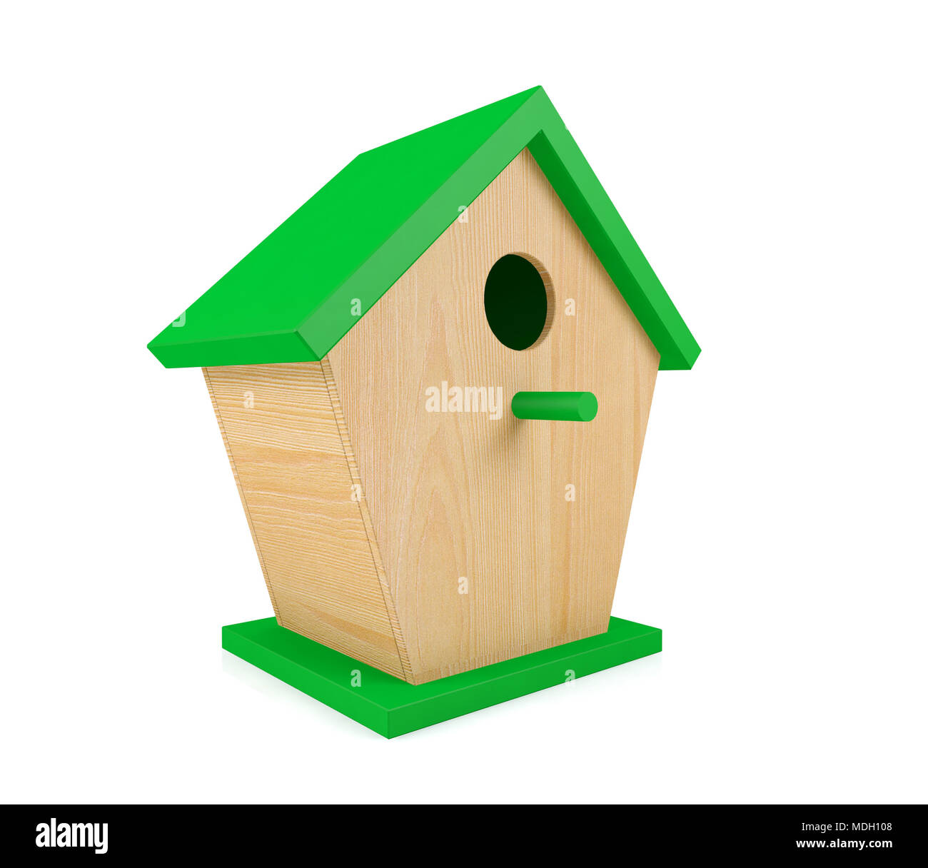 Birdhouse in legno con il tetto verde isolato su sfondo bianco, rendering 3D Foto Stock