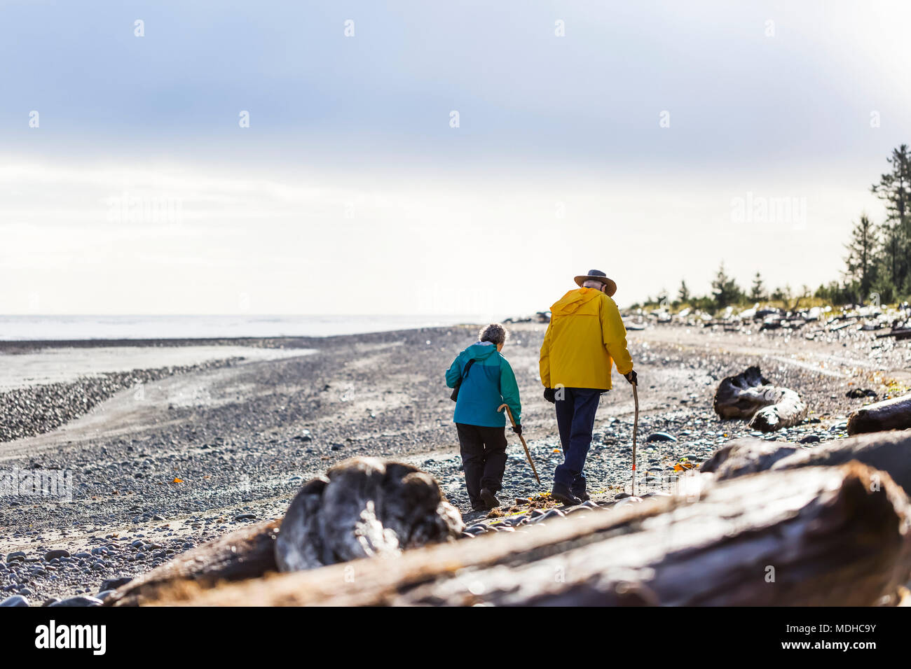 Una coppia senior escursionismo con bastoni da passeggio sulla spiaggia lungo la costa, Prato Mist Campeggio, Graham Island Foto Stock