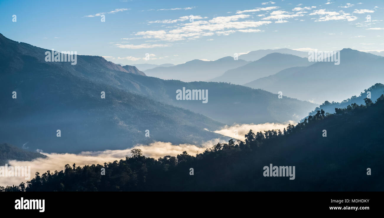 Il sole illumina le nuvole che giace nella bassa valle dell'Himalaya; West Bengal, India Foto Stock