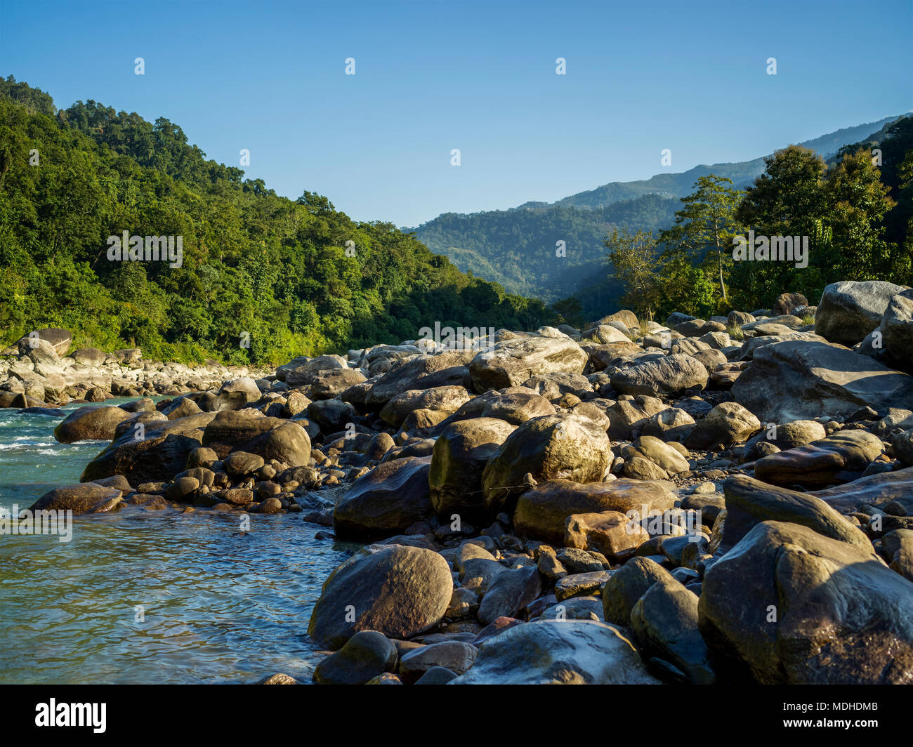 Rocce di grandi dimensioni lungo la riva di un fiume che scorre in Himalaya con la foresta lussureggiante e cielo blu; West Bengal, India Foto Stock