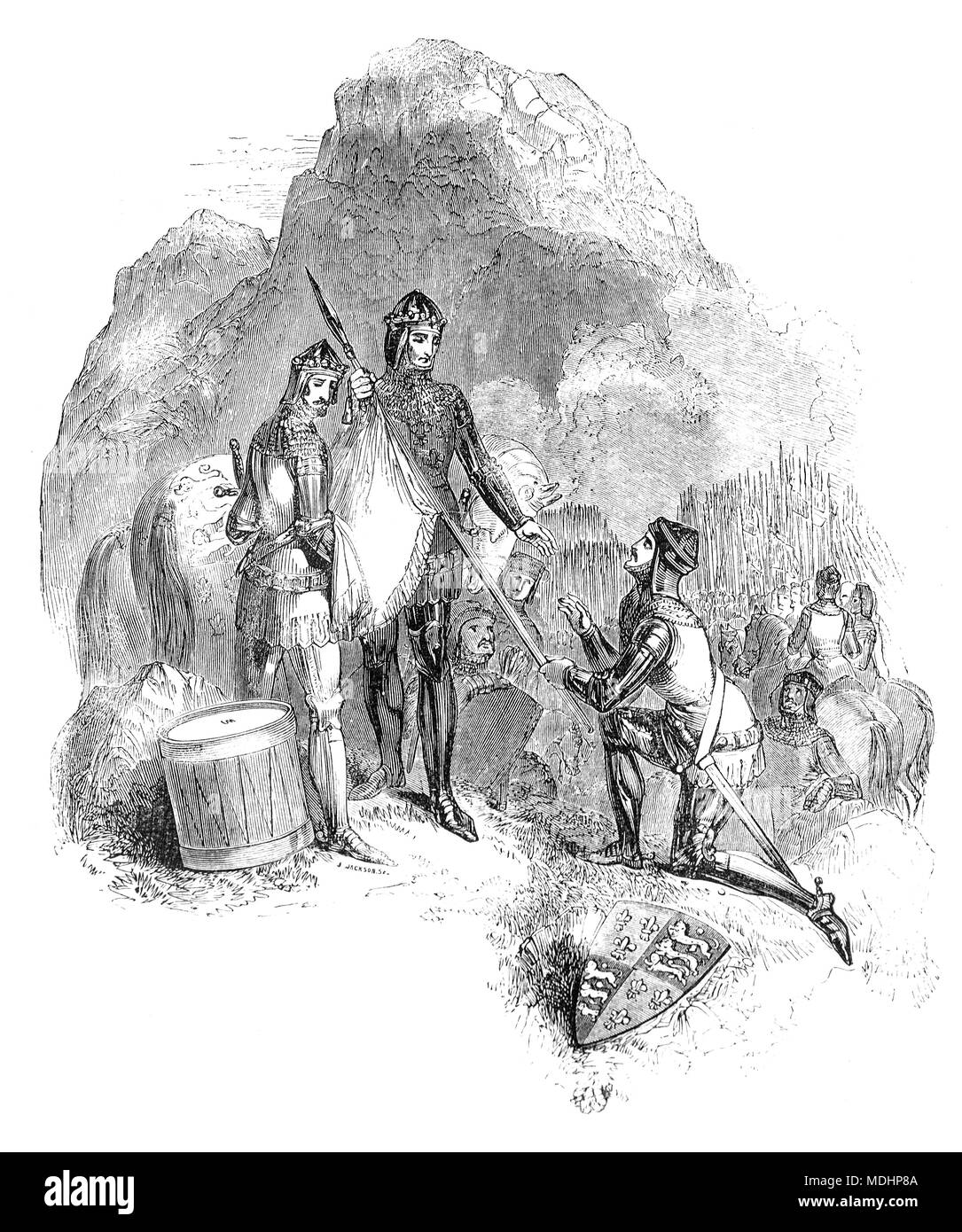 La battaglia di Najera è stato un episodio del primo castigliano di guerra civile che ha coinvolto la Castiglia in centinaia di anni di guerra. In occasione della battaglia nel 1367, Edward, il Principe Nero distende il banner per Sir John Chandos, un inglese medievale cavaliere. In 1360, Chandos è stato creato un cavaliere banneret, che gli ha permesso di tenere un banner in battaglia. Egli è stato un amico vicino di Edward, il Principe Nero e un membro fondatore e xix cavaliere dell'Ordine della Giarrettiera in 1348. Foto Stock