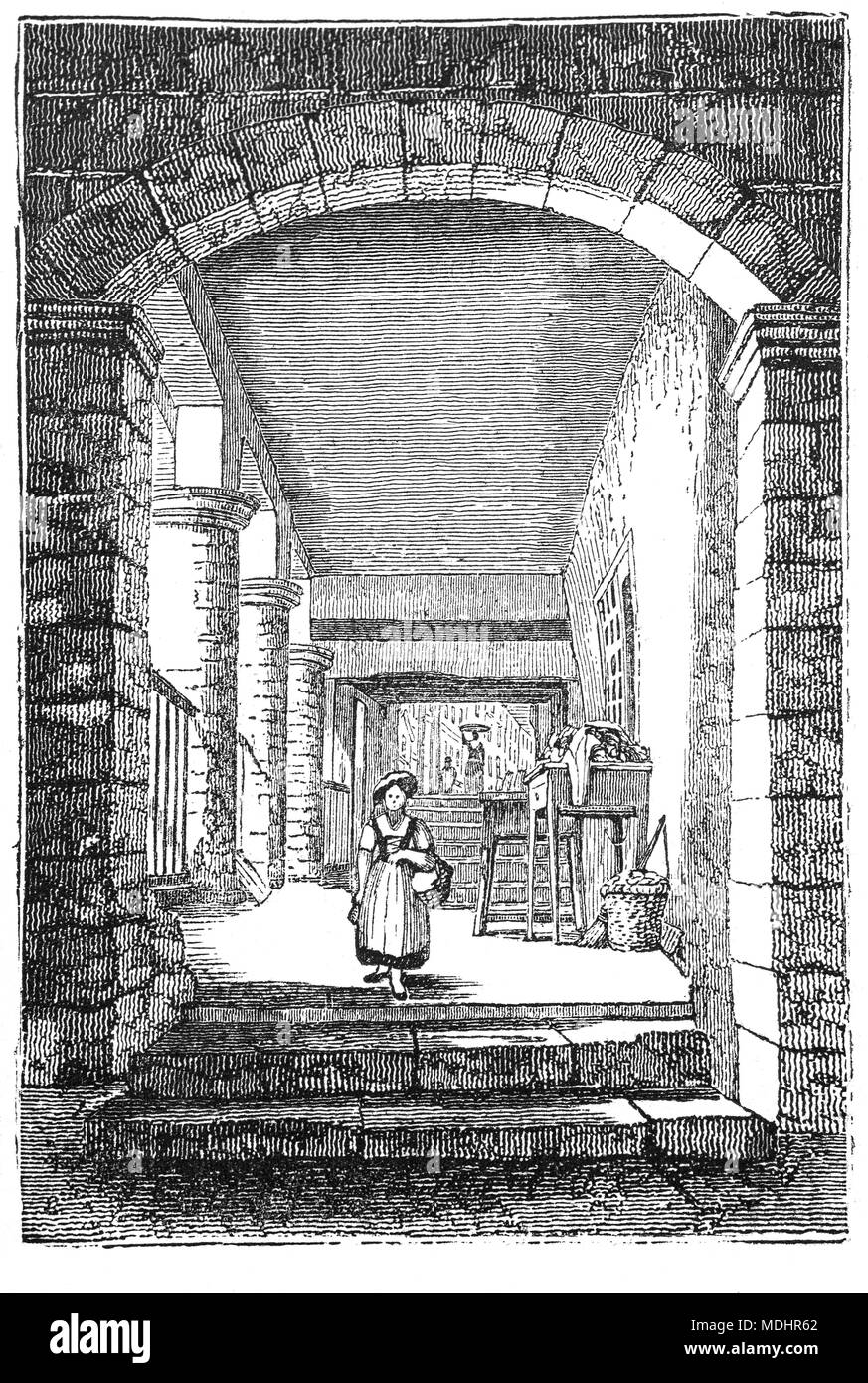 L'interno di una delle righe di Chester a Chester, Inghilterra. Essi sono costituiti da passaggi coperti al primo piano dietro la quale sono ingressi di negozi e altri locali. Al livello della strada si trova un'altra serie di negozi e di altri locali, molti dei quali sono inseriti da andare giù a pochi passi. Le righe, risalente all'epoca medievale sono presenti in ciascuno dei quattro principali strade della città e sono stati per la prima volta registrata nel 1293. Foto Stock