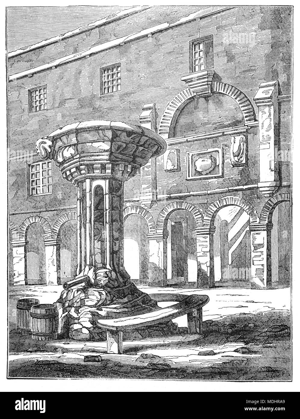 Il Pant, una sorta di fontana di acqua dolce in piedi nella parte anteriore del Freeman's Hospital, una carità fondata nel 1683, dal sindaco e burgesses di Newcastle upon Tyne, Inghilterra. Foto Stock