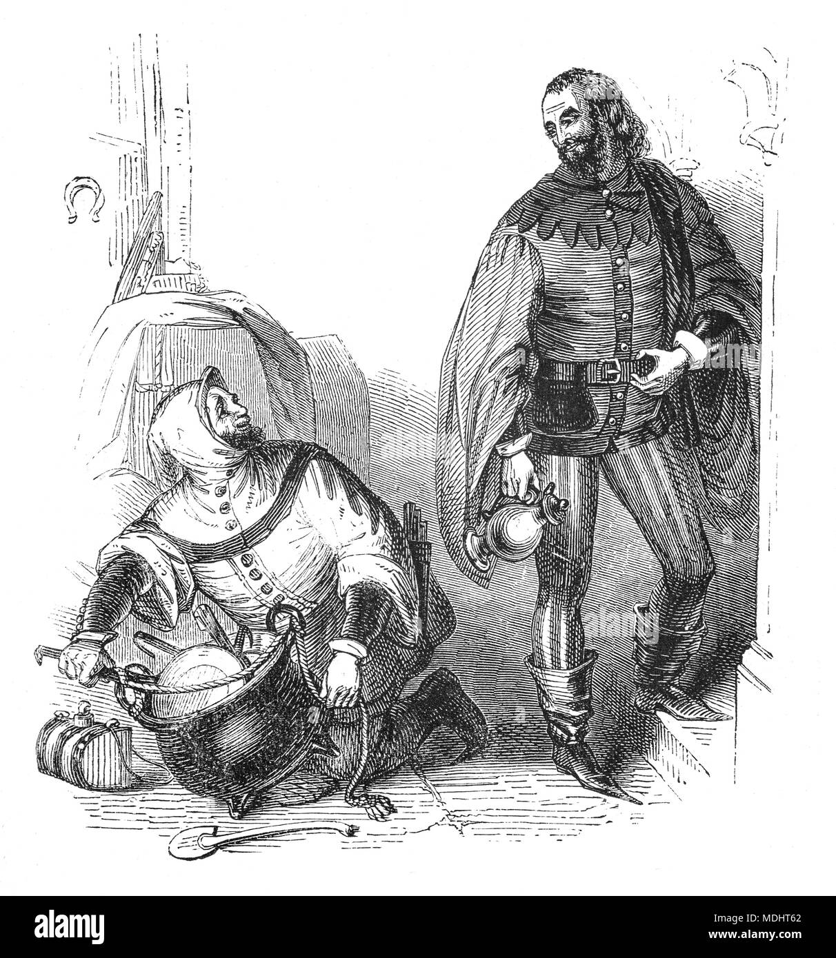 Due dei personaggi di racconti di Canterbury, una collezione di 24 storie scritte da Geoffrey Chaucer tra il 1387 e il 1400 quando divenne controllore della Dogana di giustizia e di pace. I racconti (per la maggior parte scritti in versi, anche se alcuni sono in prosa) sono presentati come parte di un racconto concorso da parte di un gruppo di pellegrini durante il loro viaggio insieme su un viaggio da Londra a Canterbury per visitare il santuario di San Tommaso Becket a Canterbury Cathedral. La figura mostra l'host e il cuoco. Foto Stock