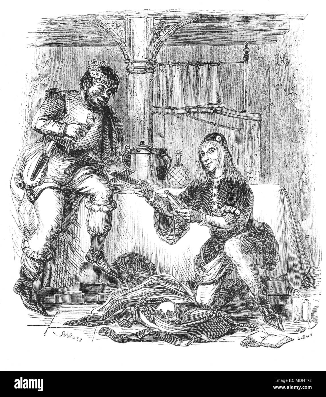 Due dei personaggi di racconti di Canterbury, una collezione di 24 storie scritte da Geoffrey Chaucer tra il 1387 e il 1400 quando divenne controllore della Dogana di giustizia e di pace. I racconti (per la maggior parte scritti in versi, anche se alcuni sono in prosa) sono presentati come parte di un racconto concorso da parte di un gruppo di pellegrini durante il loro viaggio insieme su un viaggio da Londra a Canterbury per visitare il santuario di San Tommaso Becket a Canterbury Cathedral. La figura mostra la Summoner e Pardoner. Foto Stock