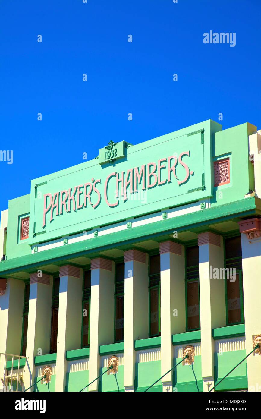 Camere di Parkers edificio Art Deco, Napier Hawkes Bay, Nuova Zelanda, Sud Ovest Oceano Pacifico Foto Stock