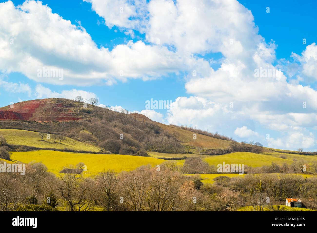 Campi coltivati su una collina al di sotto di un blu e il cielo nuvoloso Foto Stock