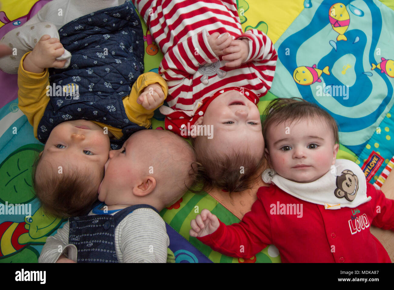 5 & 6 mese i bambini vecchi sdraiato interagire Foto Stock