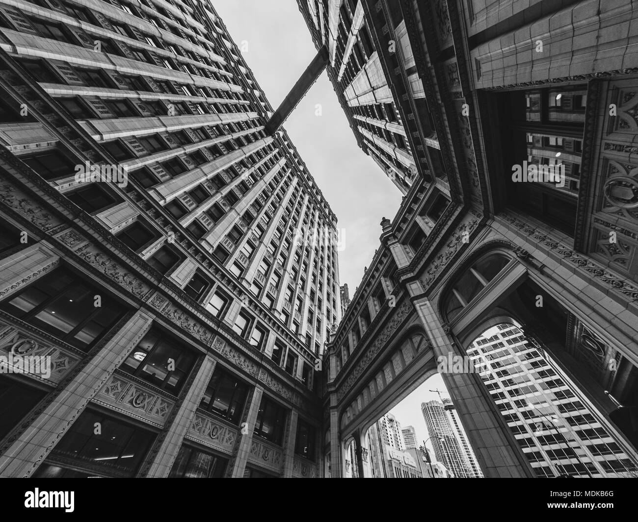 Vista verso l'alto tra la costruzione delle torri a Chicago. Foto Stock