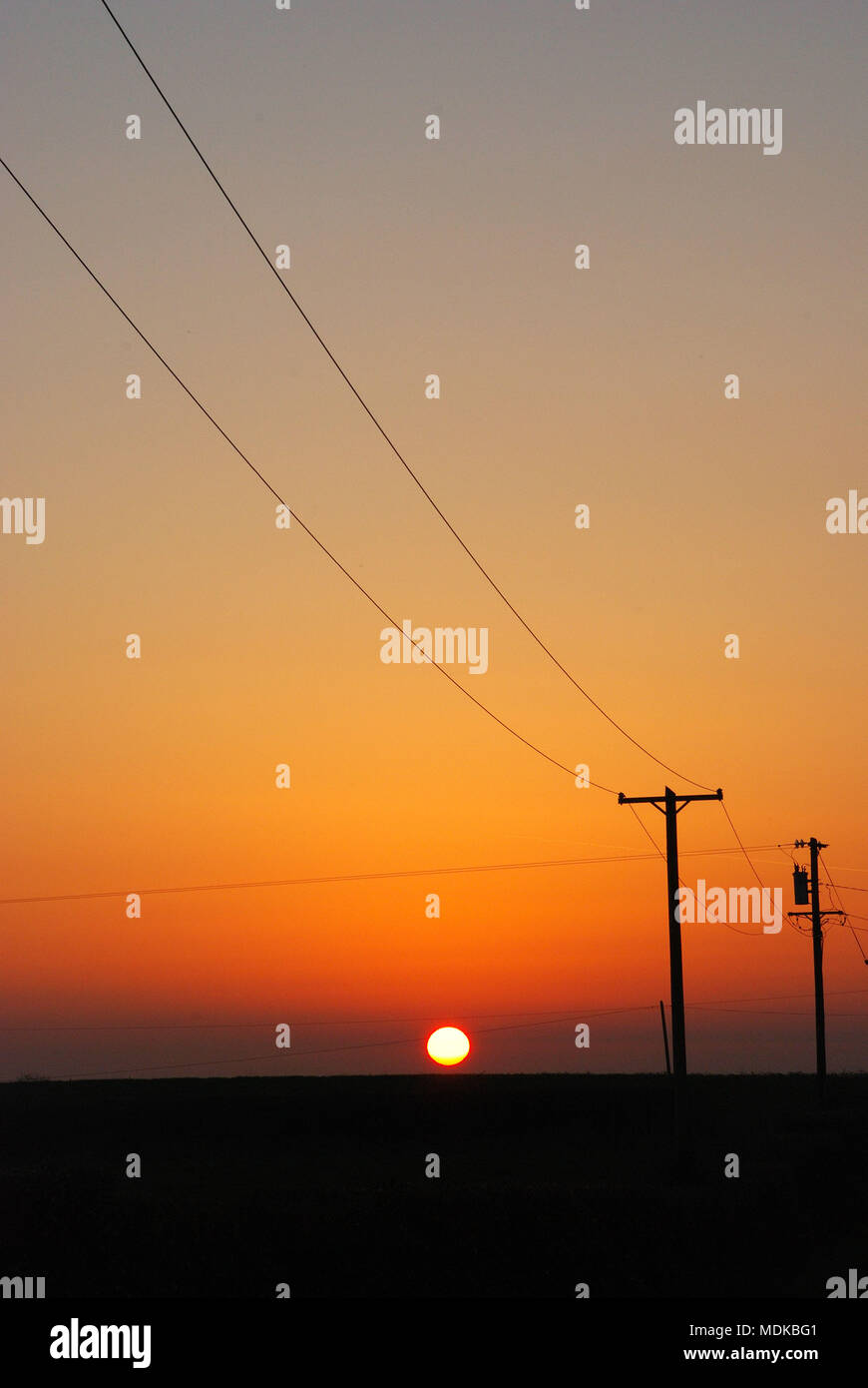 Rosso caldo sole tramontare all'orizzonte con pali del telegrafo e fili silhoutted contro lo sfondo Foto Stock