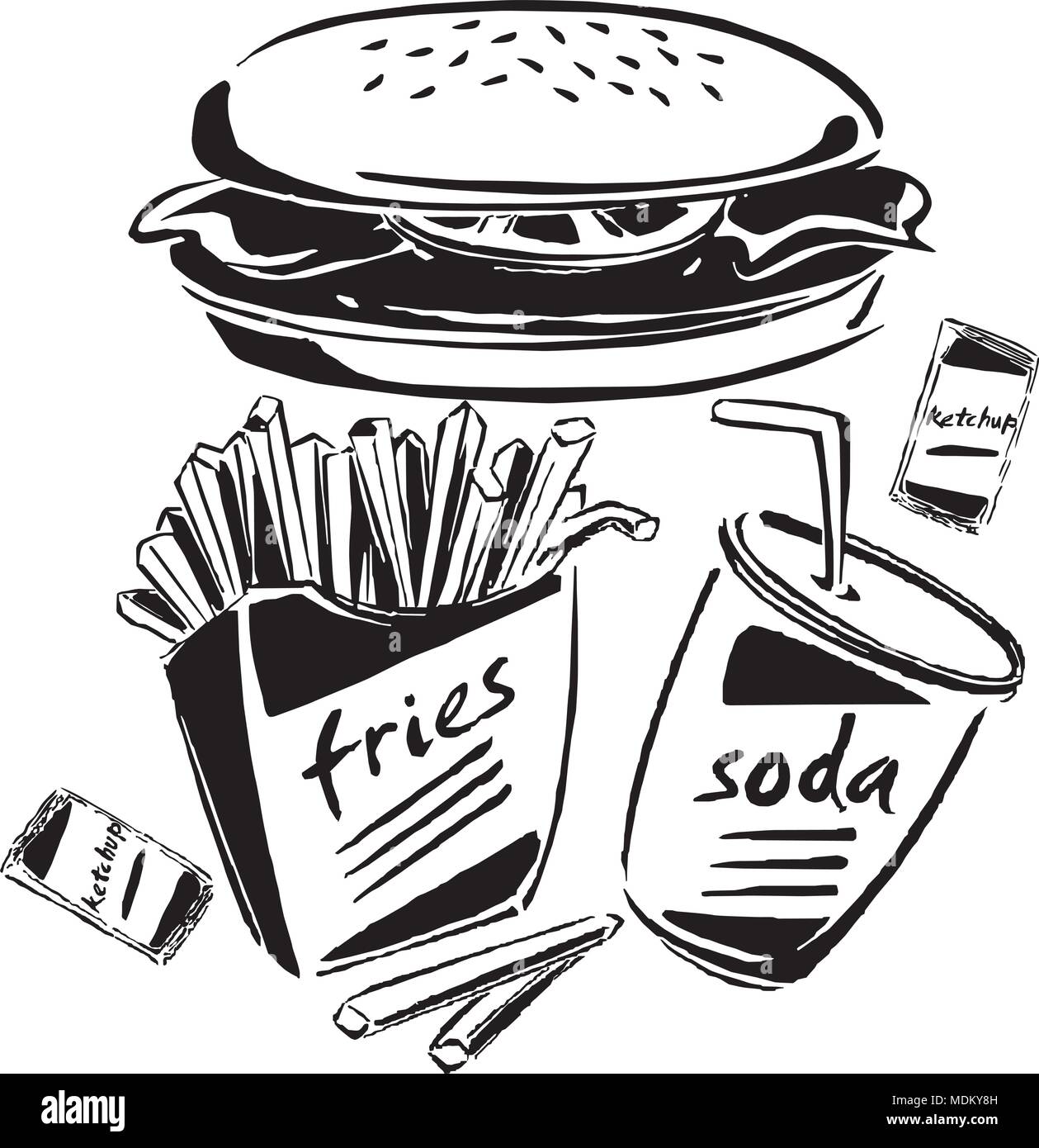 Hamburger, patatine fritte & Soda - retrò illustrazione clipart Illustrazione Vettoriale
