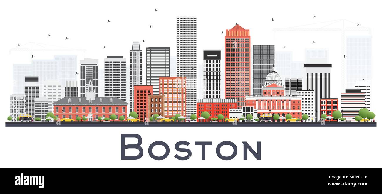 Boston Massachusetts Skyline con grigio e rosso edifici isolati su bianco. Illustrazione Vettoriale. Viaggi di affari e turismo Concept Illustrazione Vettoriale