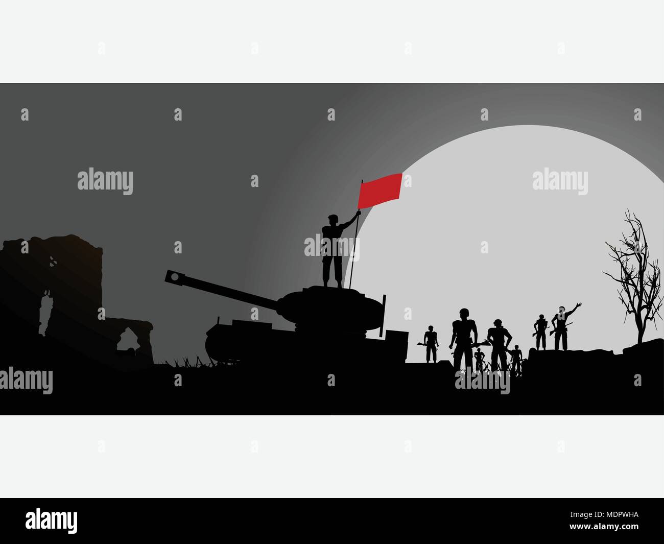 Pannello con silhouette di soldati e di un serbatoio su sfondo drammatico con grande luna e un soldato tenendo una bandiera rossa Illustrazione Vettoriale