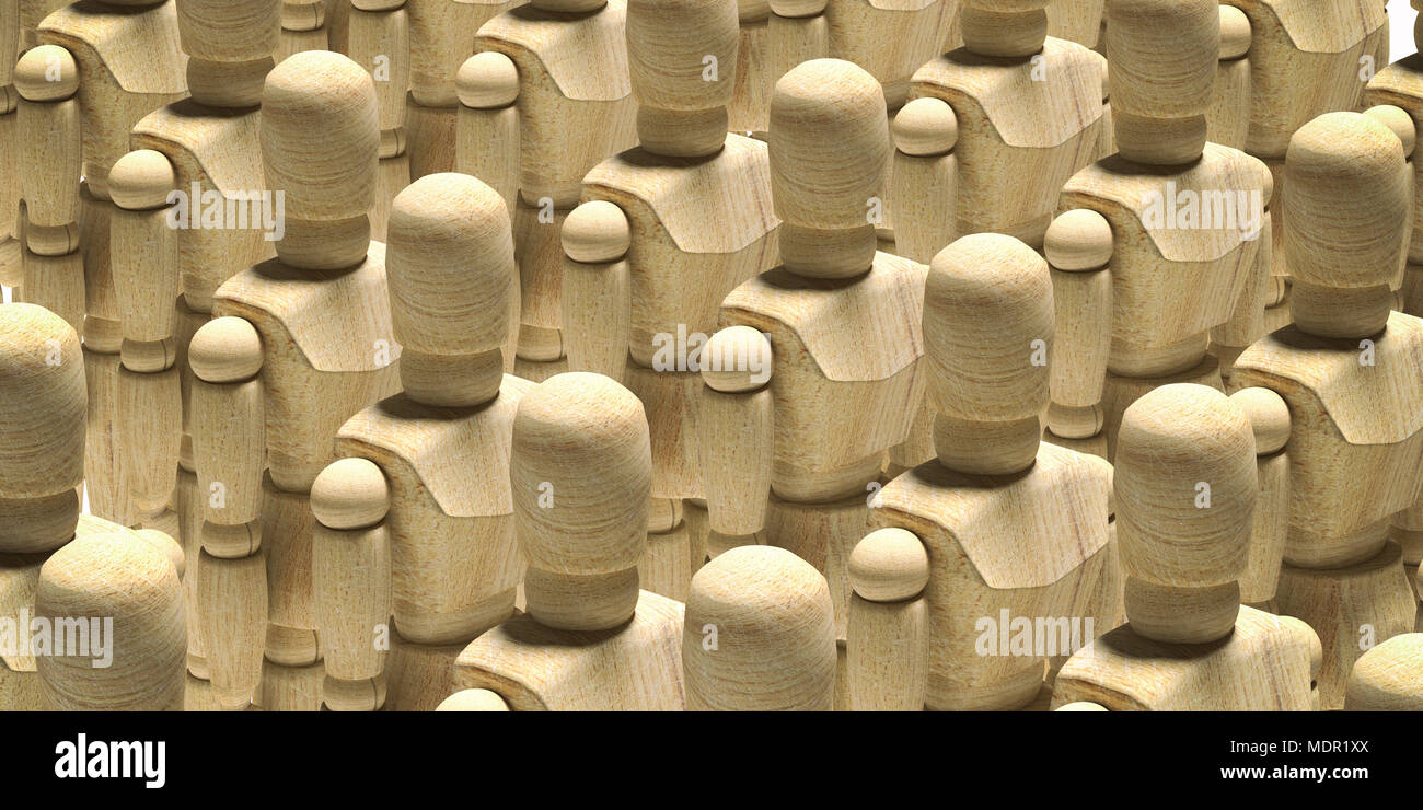 3D rendering di molti manichino di legno prototipo giocattolo di umana. Foto Stock