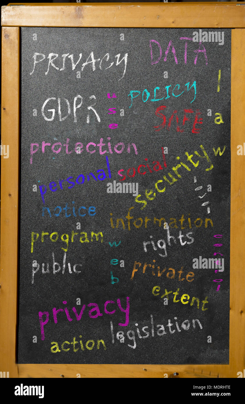 Concetto di politica sulla privacy in una parola tag cloud scritti su una lavagna con gesso colorato Foto Stock