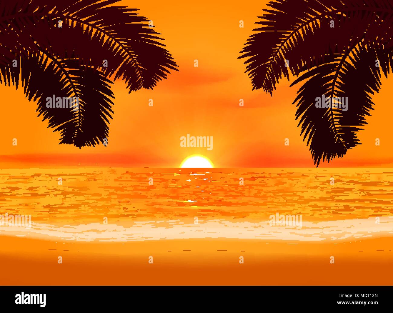 Il rilassamento incandescente tramonto su una spiaggia tropicale illustrazione. Stagionale sullo sfondo della sera Illustrazione Vettoriale