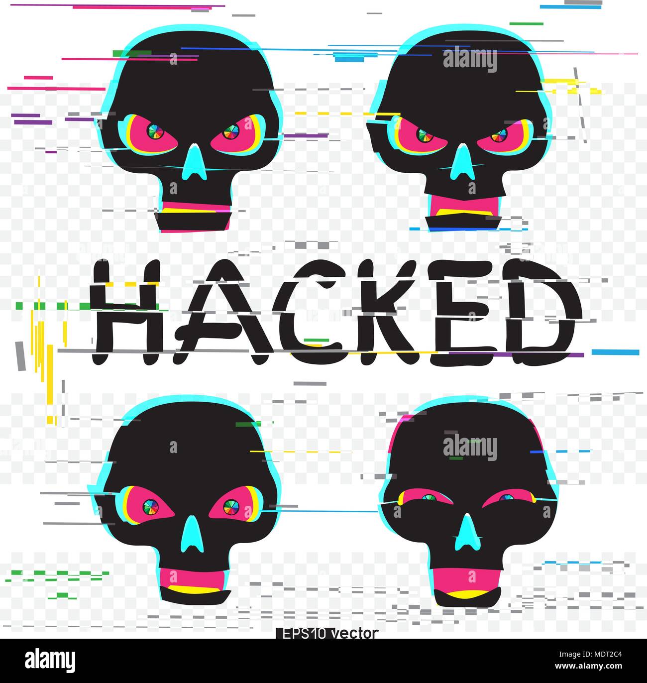 Glitch nero teschi hacker set con hacked testo bianco su sfondo trasparente. Cranio ridere divertenti e arrabbiato emozioni diverse collezione. Il computer c Illustrazione Vettoriale