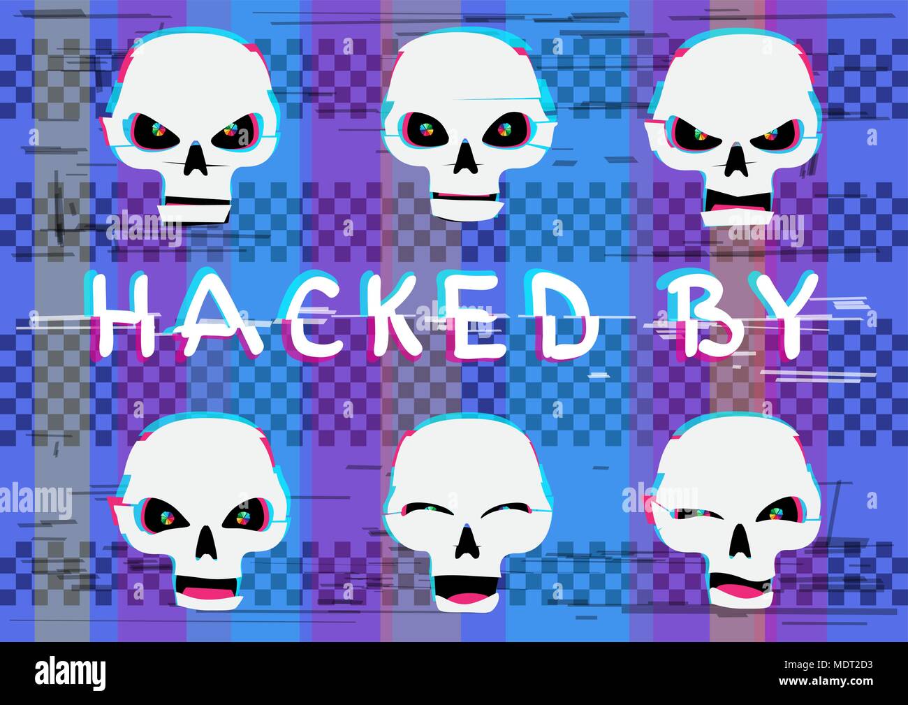 Glitch hacker teschi impostato con hacked da testo sulla schermata blu di sfondo del dispositivo. Cranio ridere divertente wink e arrabbiato emozioni diverse collezione. Compute Illustrazione Vettoriale