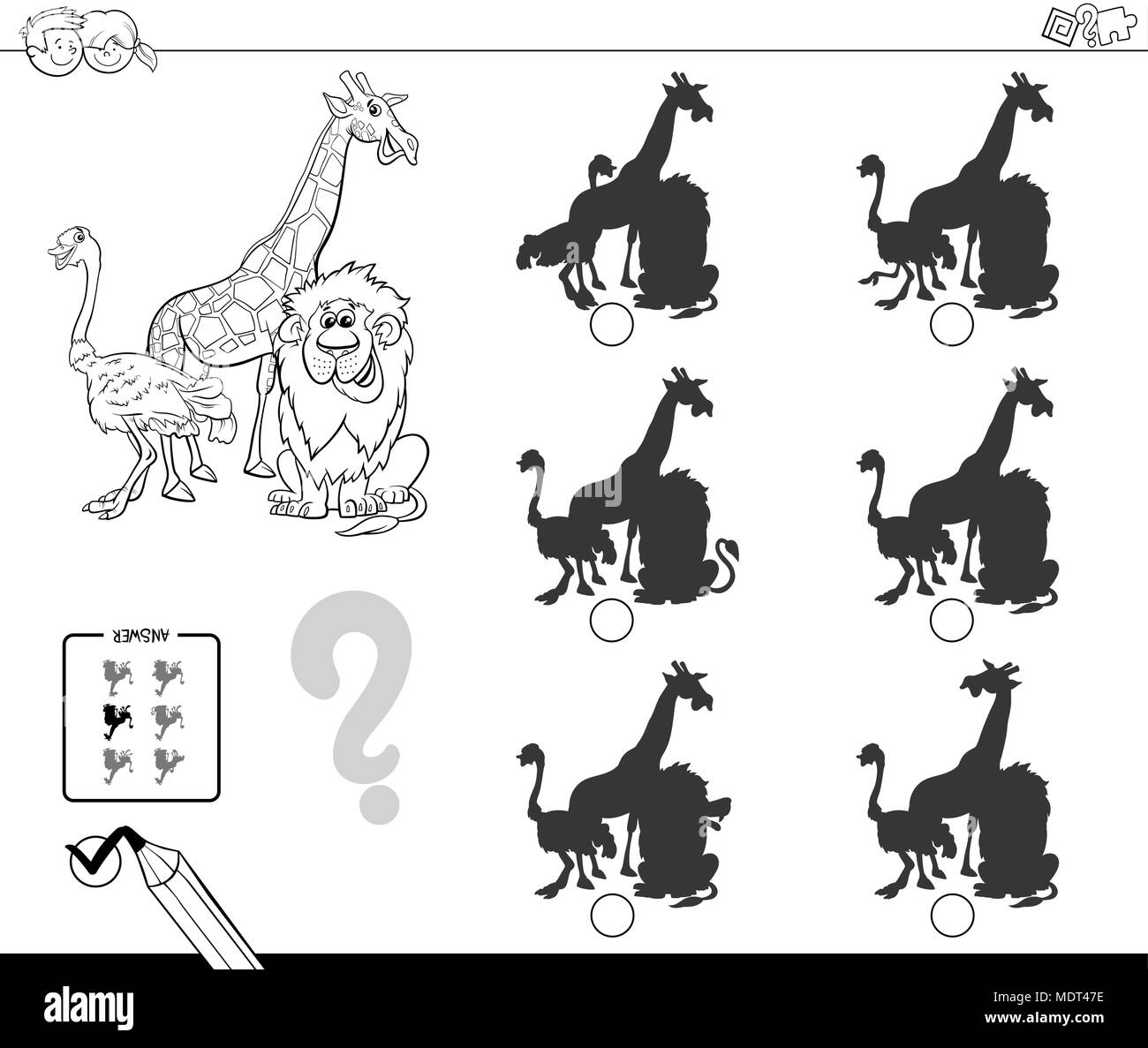 Bianco e Nero Cartoon illustrazione di trovare l'ombra senza differenze di attività educative per i bambini con Safari animale Colorin caratteri Illustrazione Vettoriale