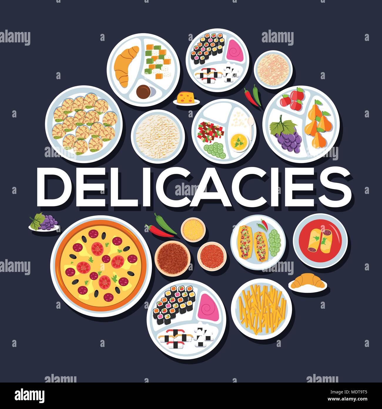 Delicatezza imposta cerchio infographics concetto di modello. Il design delle icone per il tuo prodotto o il tuo design, web e applicazioni per dispositivi mobili. Vettore di piatto con lunga ombra illustrazione su sfondo blu Illustrazione Vettoriale