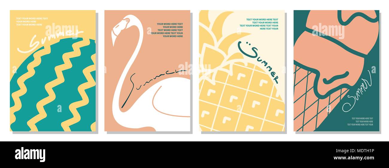 Set di sfondo o poster design per tema estivo in 4 stili con la calligrafia e lo spazio per il testo. Carino illustrazione vettoriale di cocomero, flamingo, Illustrazione Vettoriale