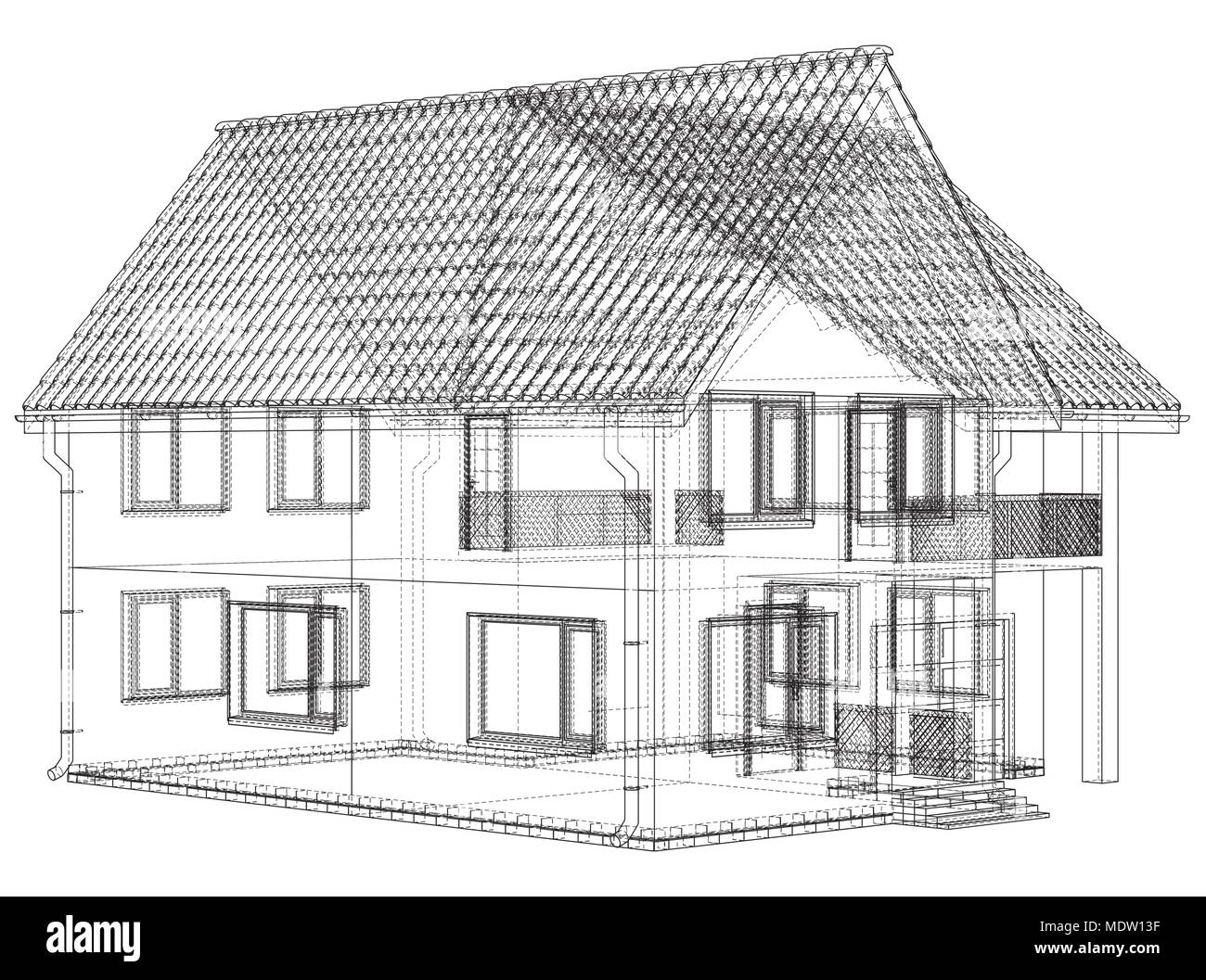 Wireframe blueprint di disegno 3D casa - illustrazione vettoriale Illustrazione Vettoriale