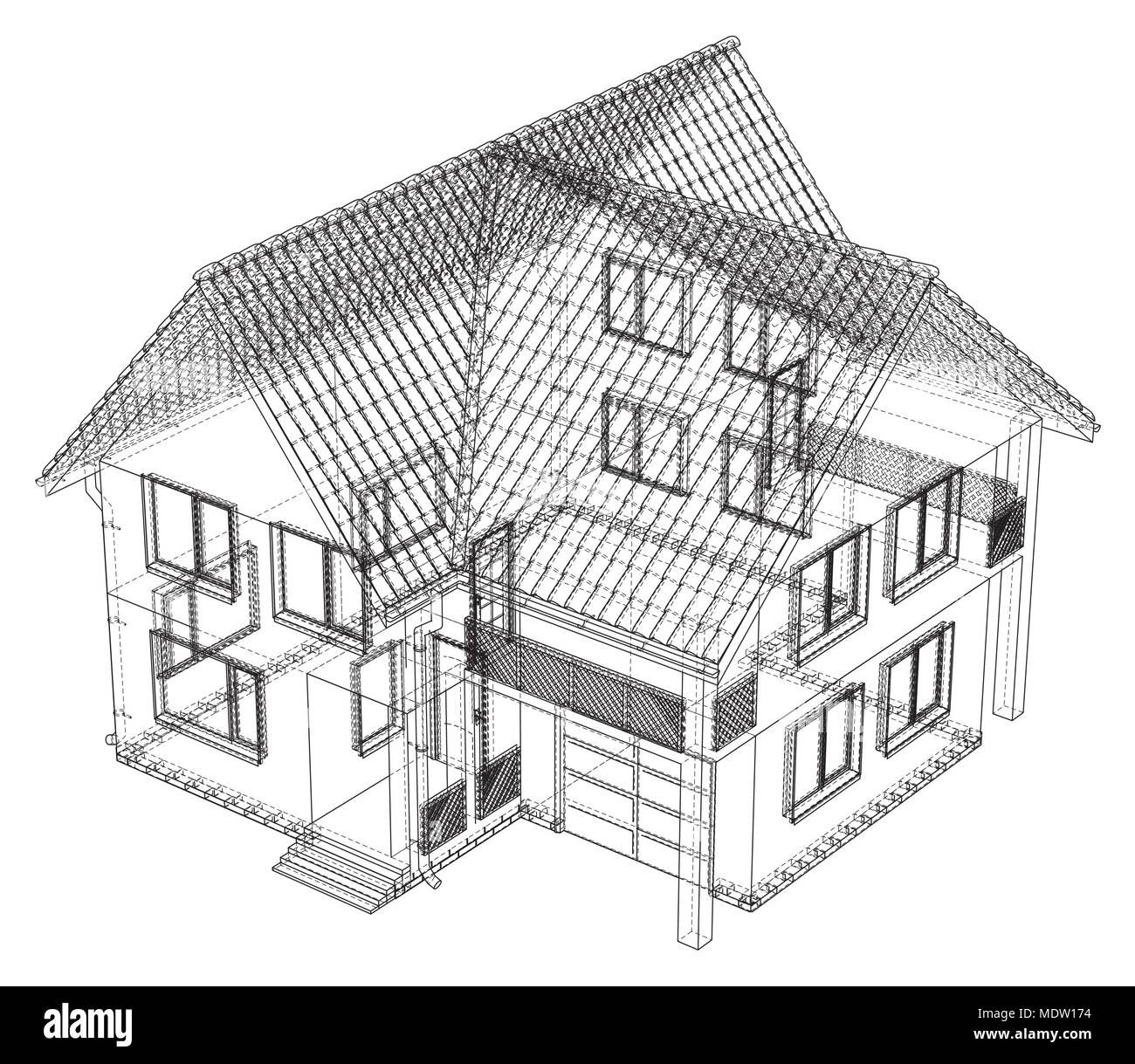 Disegno vettoriale del cottage con un tetto. Illustrazione creata di 3d. Illustrazione Vettoriale