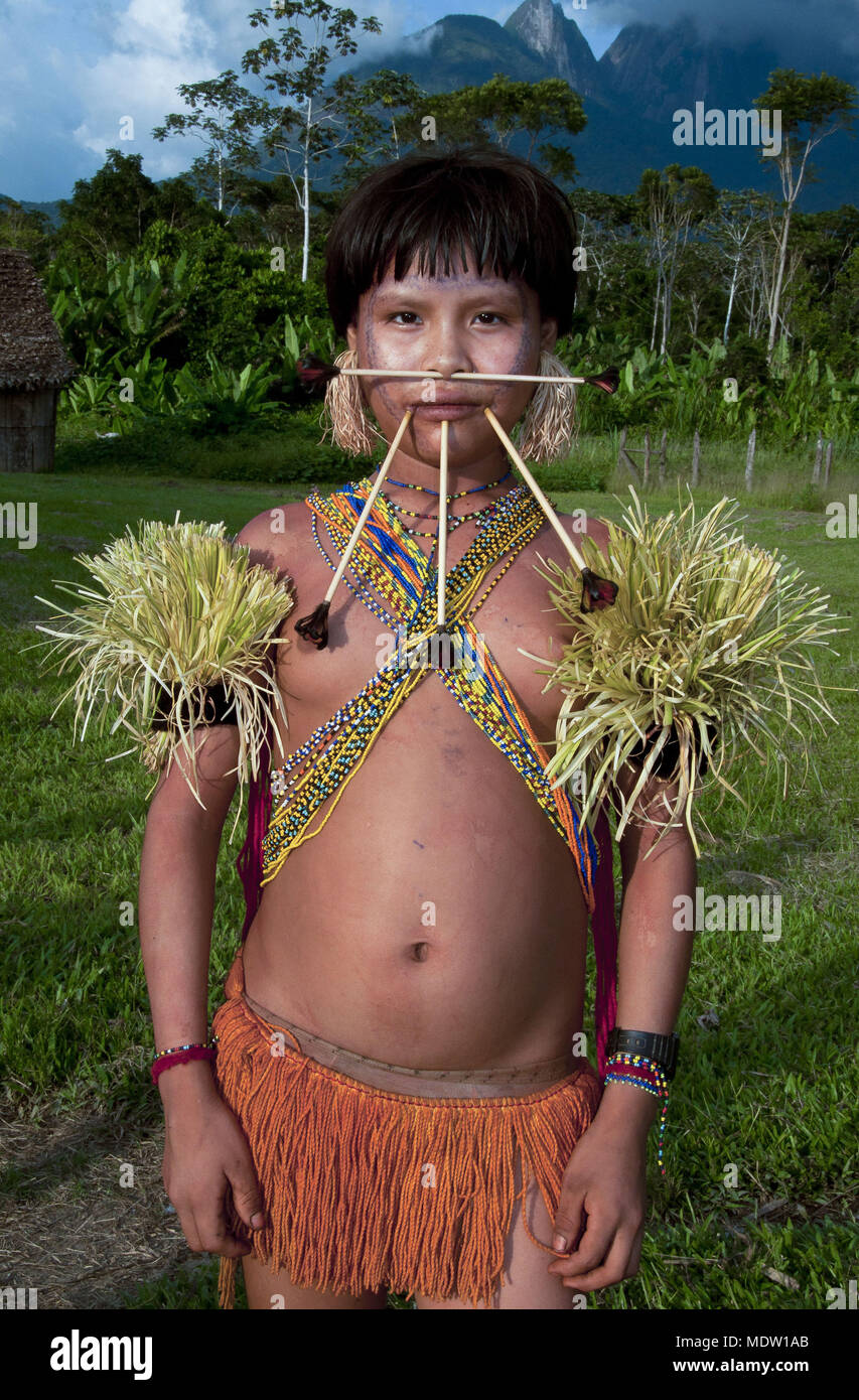 Gli Yanomami Teen recentemente liberato dal suo rito di passaggio per l'età fertile Foto Stock