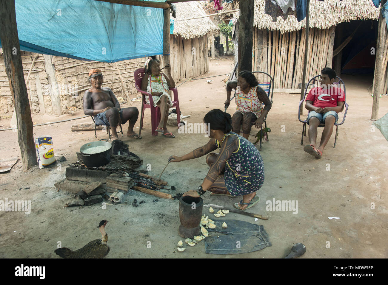 Family Village Kayapó Moikarako seduti nella parte anteriore del cavo e la cottura di donna Foto Stock