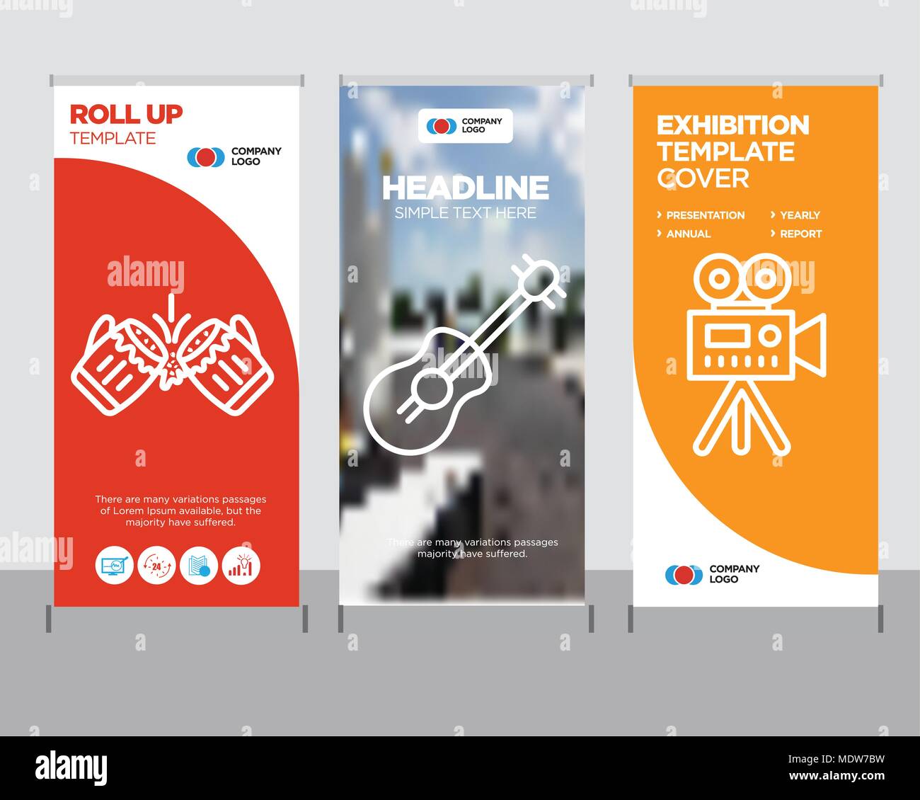 La telecamera video moderno business roll up banner modello di progettazione, Chitarra creative stand poster o brochure concetto, birra coprire la pubblicazione Illustrazione Vettoriale