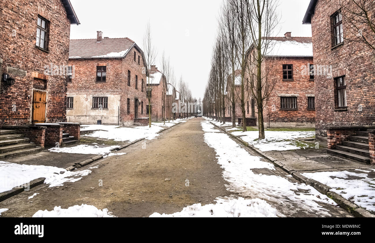 Oswiecim / Polonia - 02.15.2018: caserma di mattoni, case di blocco del campo di concentramento di Auschwitz Museum. Foto Stock