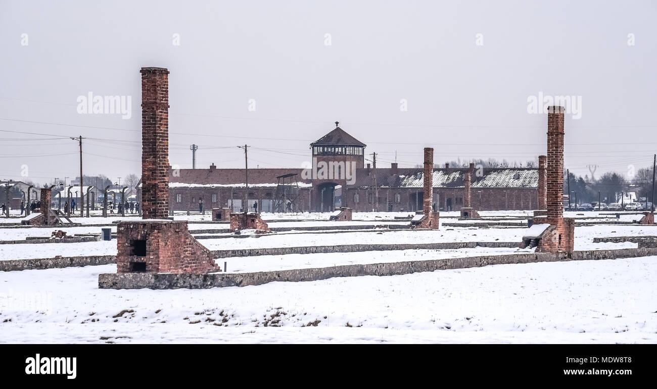 Oswiecim / Polonia - 02.15.2018: vista generale sul campo di concentramento di Auschwitz Birkenau. Foto Stock