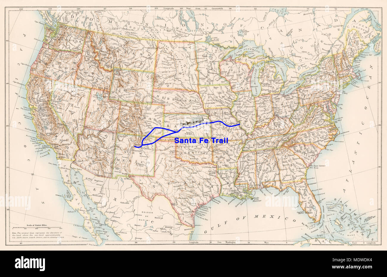 Santa Fe Trail percorso su un 1870s mappa degli Stati Uniti. Illustrazione Digitale Foto Stock
