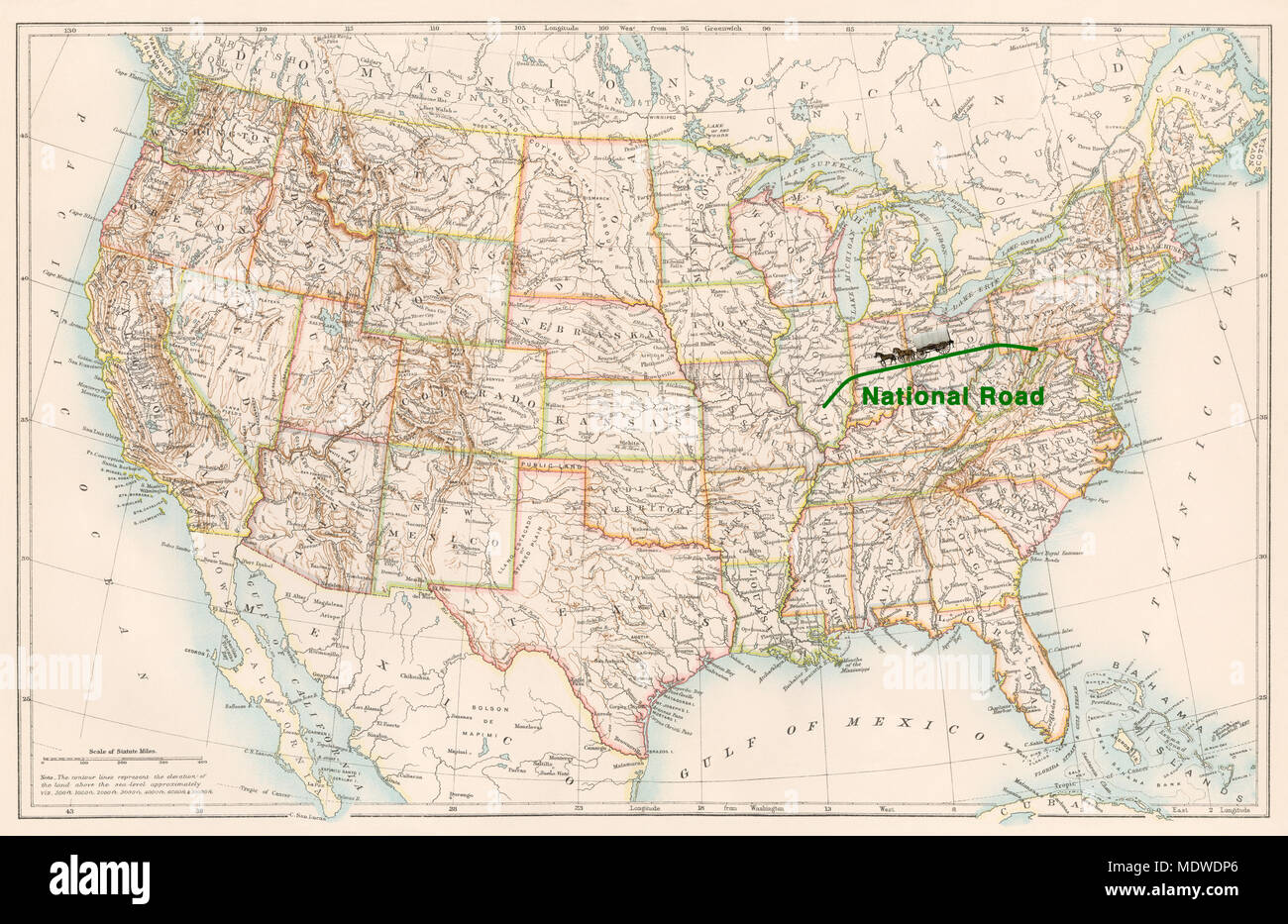 Strada nazionale di percorso su un 1870s mappa degli Stati Uniti. Illustrazione Digitale Foto Stock