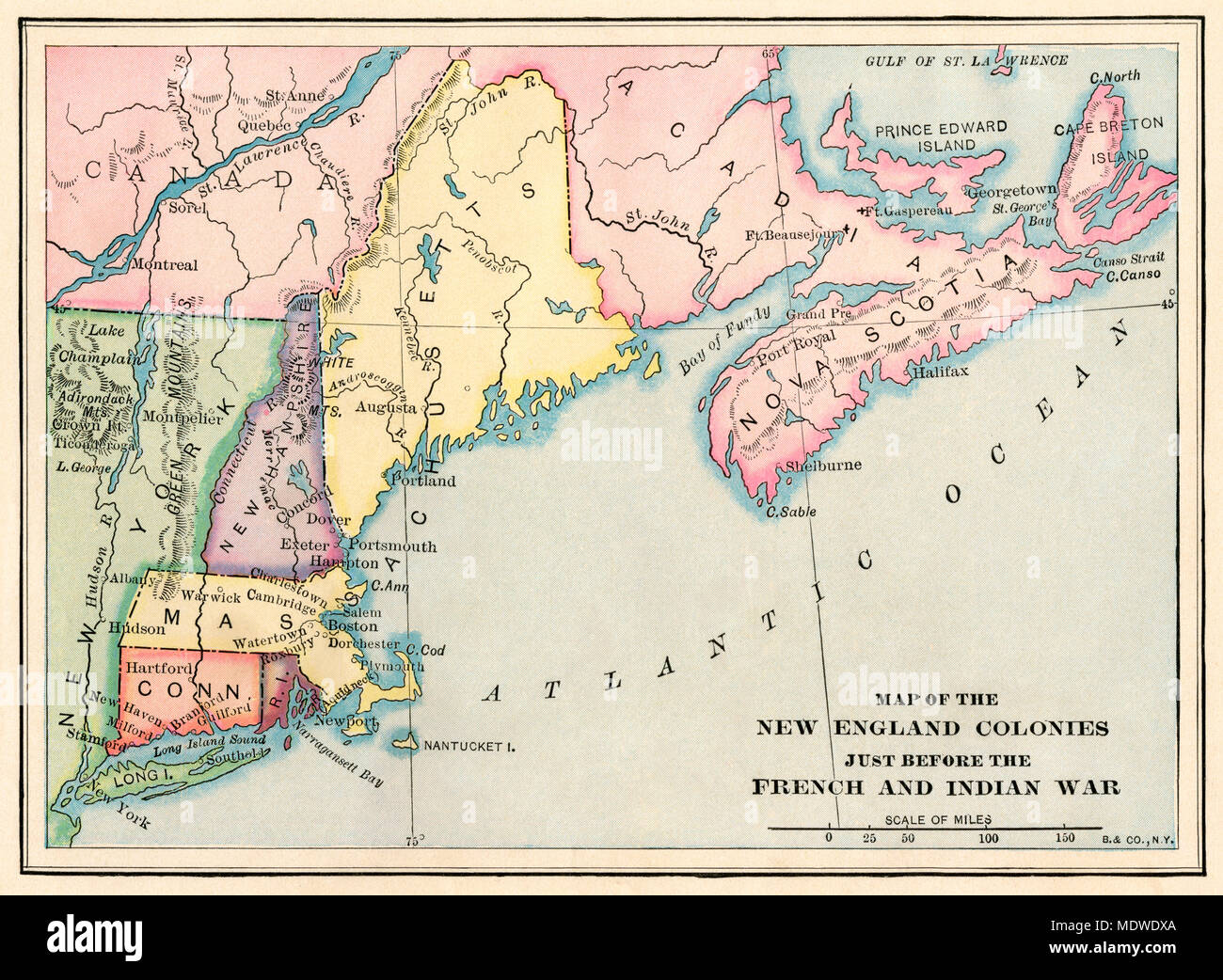 La Nuova Inghilterra colonie appena prima che la guerra di indiano e francese. Stampa Litografia a colori Foto Stock