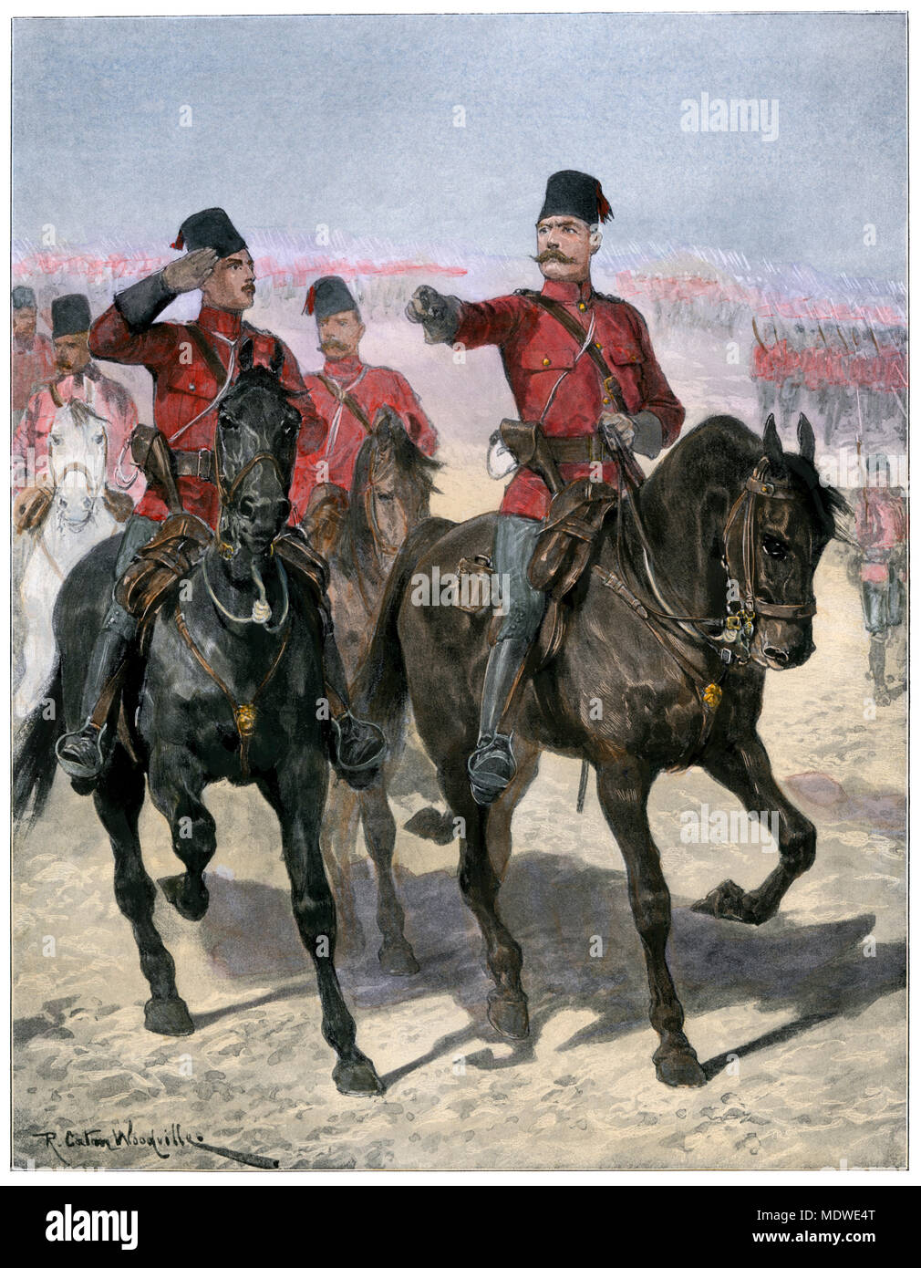 Generale Inglese Kitchener leader egiziano truppe verso Dongola, Sudan, 1896. Colorate a mano di mezzitoni una illustrazione Foto Stock